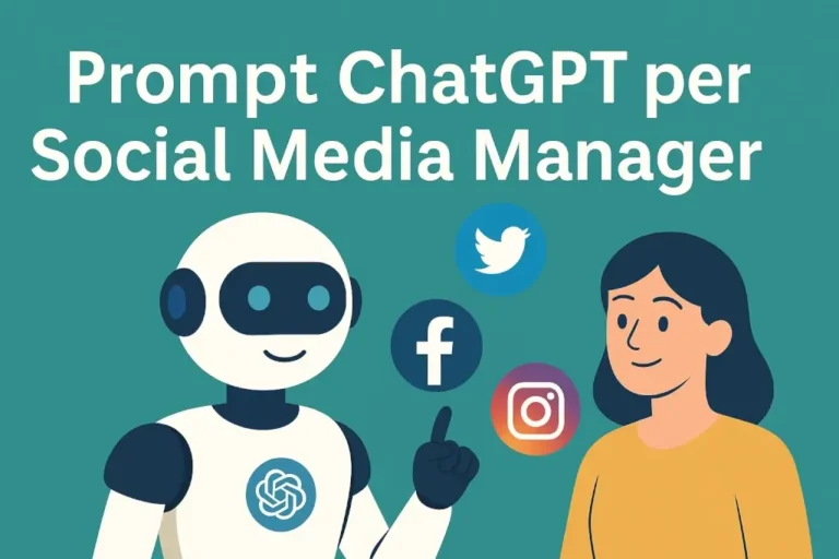 Copertina 16:9 con testo “Prompt ChatGPT per Social Media Manager” e illustrazione di robot AI con icone social.