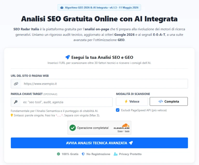 Pagina Iniziale di SEO RADARD ITALIA ANLIZZA IL TUA PAGINA WEB GRATUITAMENTE con l'intelligenza artificiale