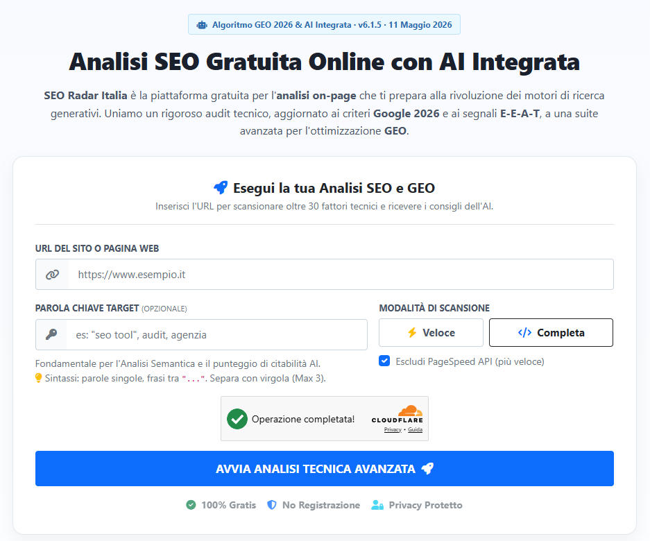 Pagina Iniziale di SEO RADARD ITALIA ANLIZZA IL TUA PAGINA WEB GRATUITAMENTE con l'intelligenza artificiale