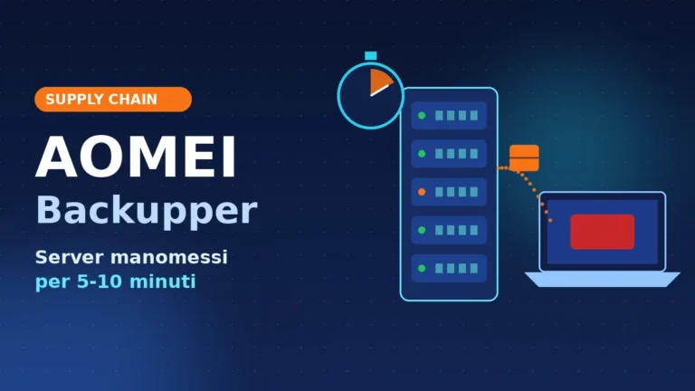 Blog News 7 Illustrazione di un server di aggiornamento con un cronometro e un pacchetto software infettato diretto verso un computer Windows, in toni blu e ciano