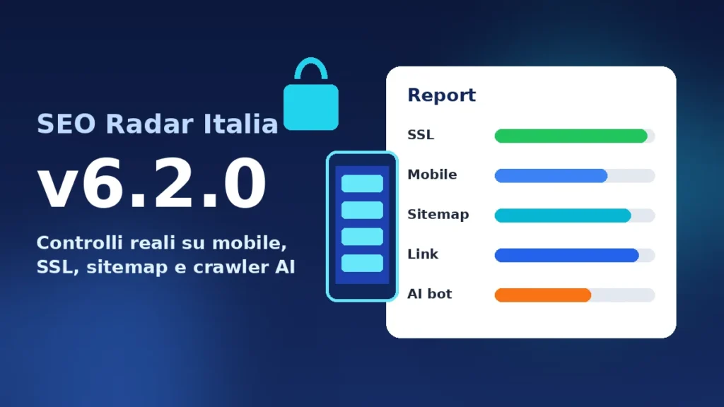 Illustrazione di un report di analisi sito con smartphone, lucchetto SSL e grafici in blu e ciano