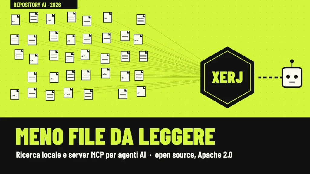 Copertina grafica su fondo verde lime: tante piccole schede di file convergono in un esagono nero con la scritta XERJ, da cui parte una linea verso il simbolo di un agente AI