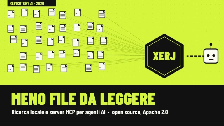 Copertina grafica su fondo verde lime: tante piccole schede di file convergono in un esagono nero con la scritta XERJ, da cui parte una linea verso il simbolo di un agente AI