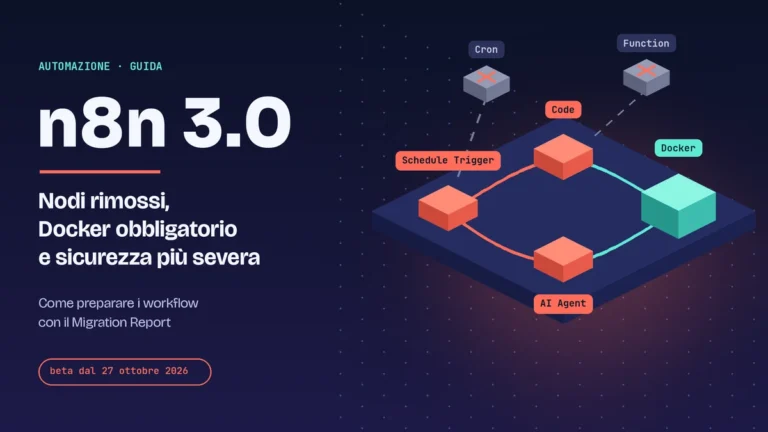 Illustrazione isometrica su sfondo blu notte: un workflow di n8n con nodi arancioni Schedule Trigger, Code e AI Agent collegati a un contenitore Docker verde acqua, mentre i vecchi nodi grigi Cron e Function, segnati con una X, restano staccati; a sinistra il titolo n8n 3.0